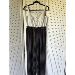 Striped Black & White Jumpsuit with Button-Front Bodice